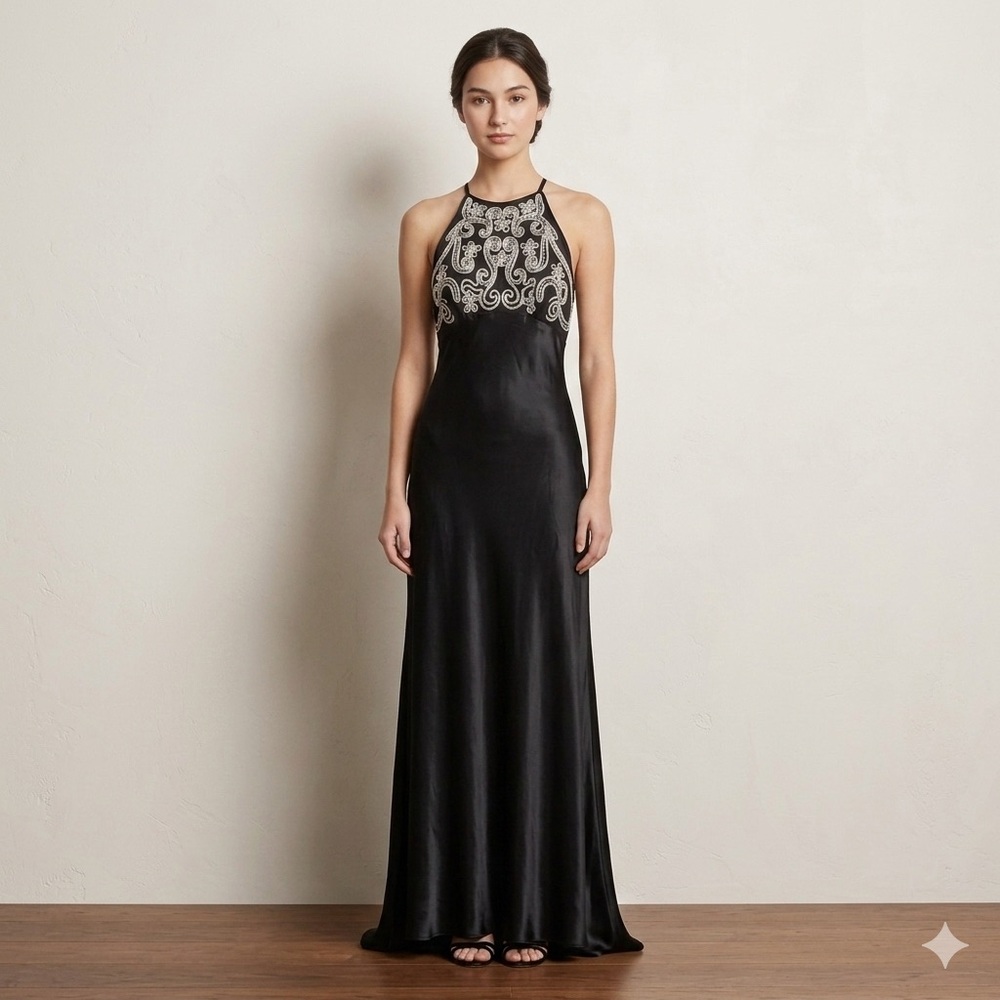 Vintage Maxi Gown Whimsigoth Prom Dress Fits 6/8 Black Beaded Embroidery 90s Y2K